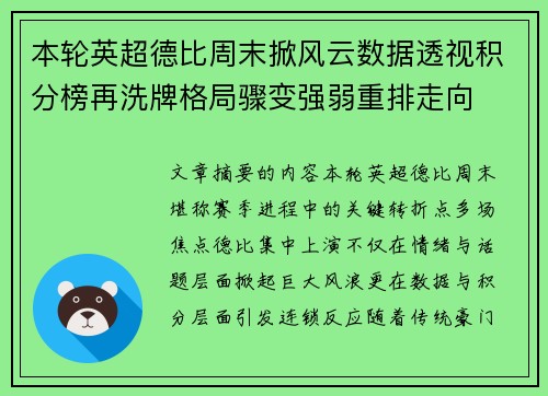 本轮英超德比周末掀风云数据透视积分榜再洗牌格局骤变强弱重排走向 本轮英超德比周末掀风云数据透视积分榜再洗牌格局骤变强弱重排走向