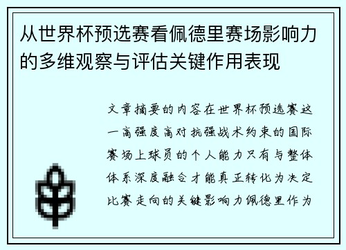 从世界杯预选赛看佩德里赛场影响力的多维观察与评估关键作用表现