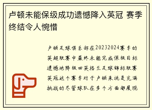 卢顿未能保级成功遗憾降入英冠 赛季终结令人惋惜